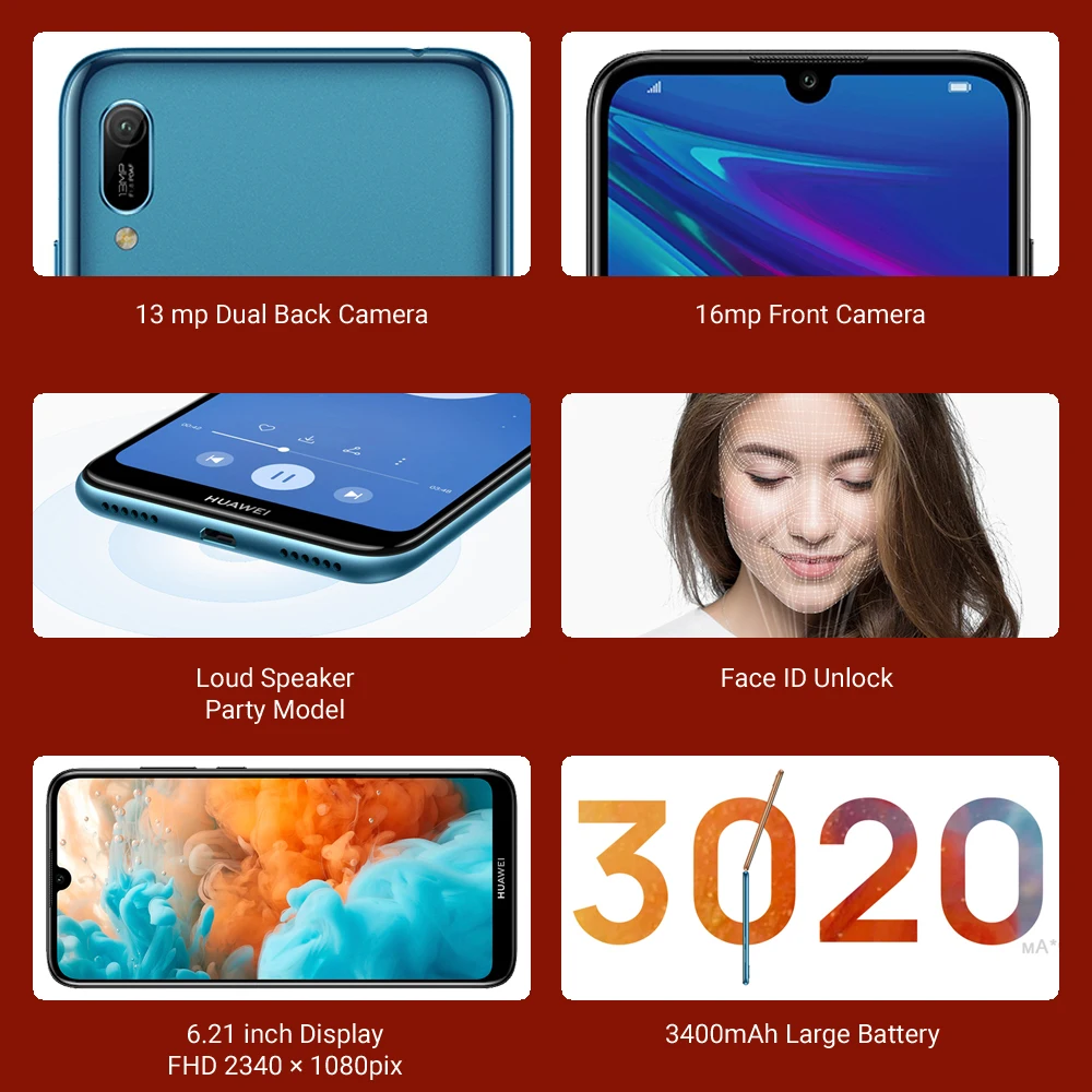 Мобильный телефон HUAWEI Y6 2019 с глобальной версией смартфон 32 Гб ПЗУ камера 13 МП 6 09
