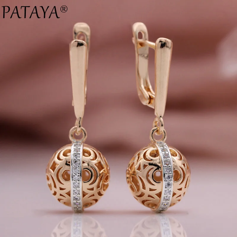 

PATAYA New Two-color Unique Spherical Long Dangle Earrings Natural Zircon Fashion Jewelry 585 Rose Gold Color Women Earrings