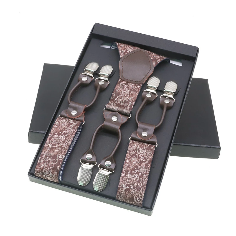 1 With Box Мужские модные подтяжки коричневые из натуральной кожи 6 зажимы подтяжек винтажные повседневные брюки в западном стиле регулируемые подтяжки - Цвет: 1 With Box