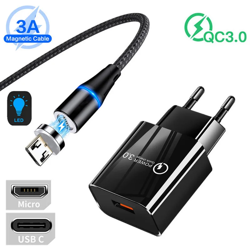 Зарядное устройство QC 3 0 магнитное USB а Type C Micro кабель для Xiaomi POCO X3 NFC Mi A3 10 lite Note 7 8 9