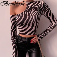 bomblook casual fashion womens printed tops autumn 2021 o neck long sleeve single shoulder crop tops female streetwears