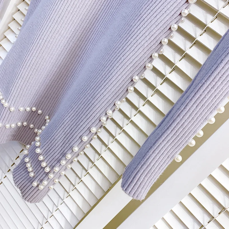 

New Elegant Turtleneck Solid Color Slim Knitted Dress Women Fashion Pearl Decoration Long Sleeve Soft One-piece Sweater Dress