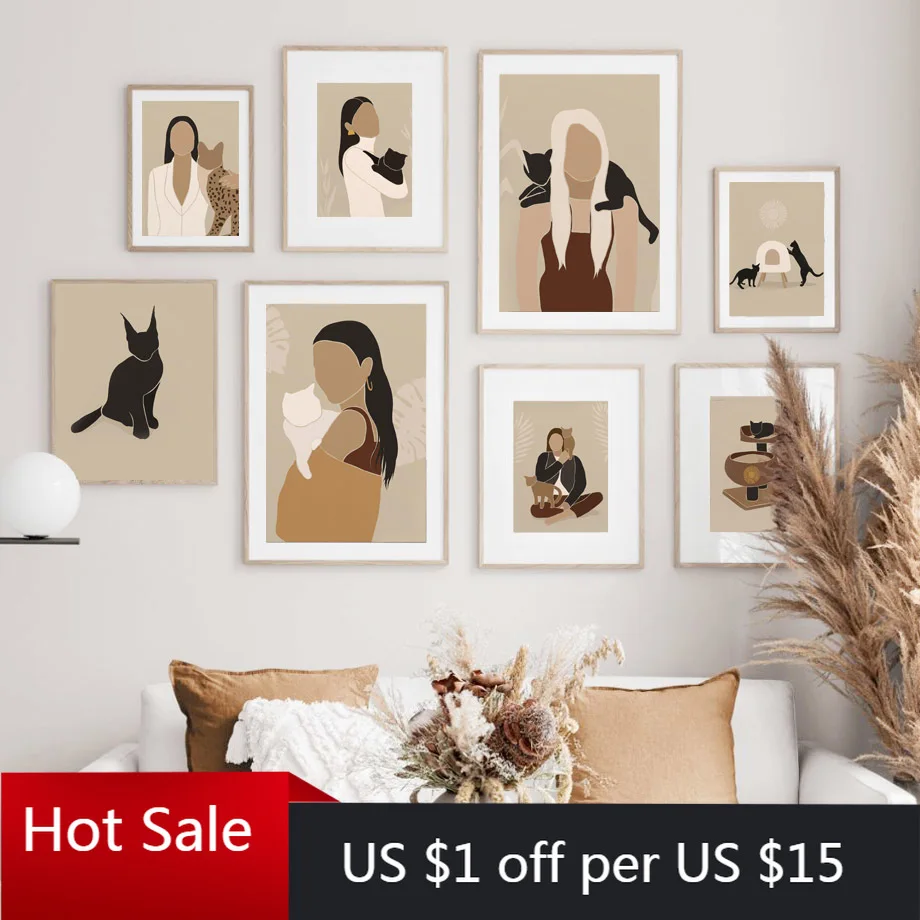 Декоративная печать на холсте "Мода женщина с длинными волосами и оцелот черной кошки" для создания постеров в эстетической комнате.