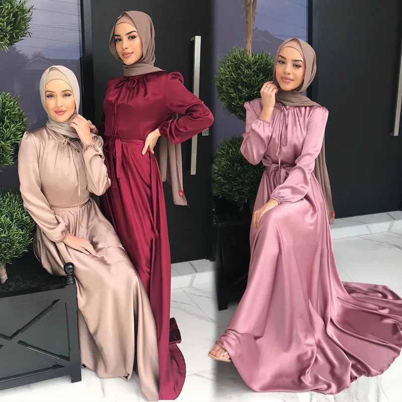 Однотонные атласные длинные платья для женщин мусульманская Новая мода Abayas Caftan