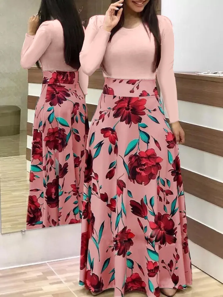 

2021 Vintage Floral Print O-neck Long Dress Women Autumn Long Sleeve Casual Slim Robe Casual Elegant Lady Maxi Vestidos