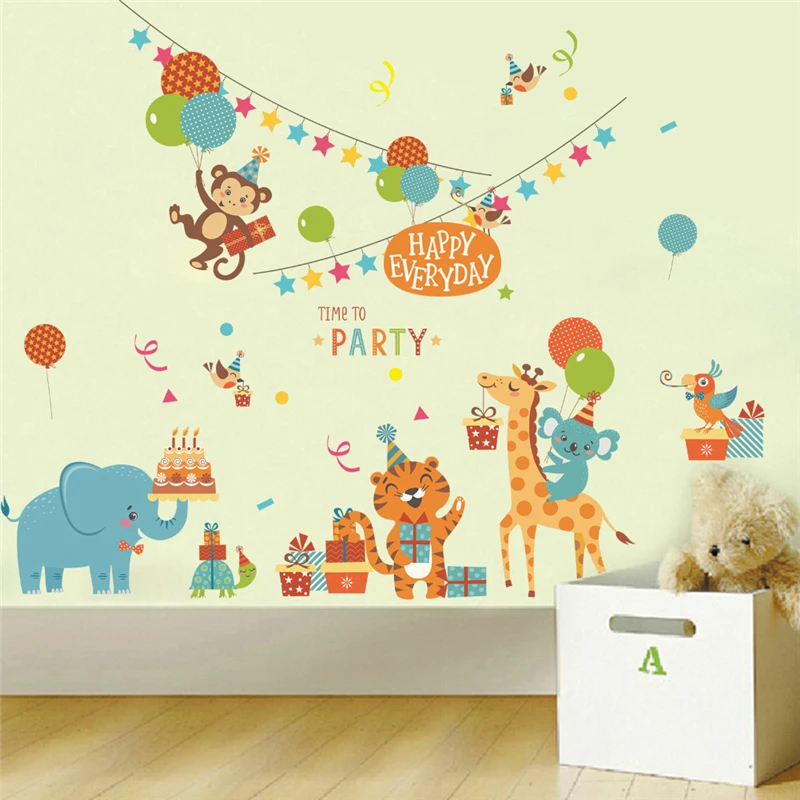 

Cartoon Animal' Party Theme Wall Stickers For Kids Room Decoration Nursery Safari Mural Art Diy Home Decals Monkey Giraffe