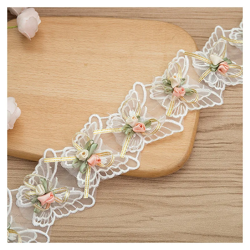 1 ярд белый 3D с цветочным узором и вышивкой бабочка кружевной отделкой лента