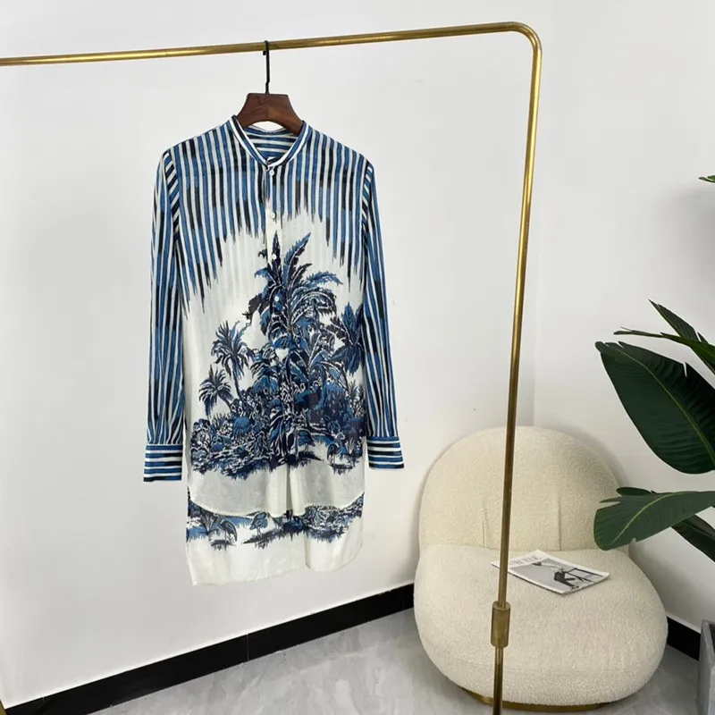 2021 Spring Women Fashion Top Quality Placing Print Long Skirt Suit for Elegant Long Sleeve Stand Collar Blouse