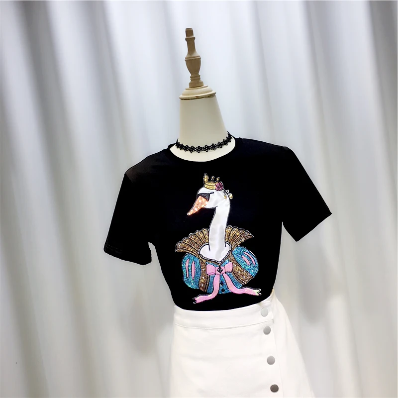 

2020 New Summer All-match Women Cotton T-shirt Tops Cartoon Embroidery Sequins O Neck Short-Sleeve Students Bottoming Tees