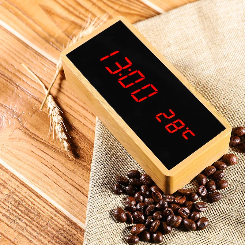 Rectangle Alarm Clock Wooden Electronic Desk Digital LED Bamboo Thermometer Watch Snooze with Humidity | Дом и сад