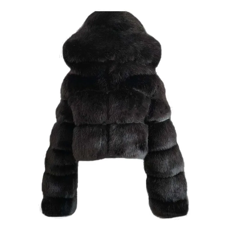 Winter Luxurious Furry Cropped Faux Fur Coats Women New 2021 Fluffy Top Coat with Hooded Warm Fur Jacket Ladies Manteau Femme
