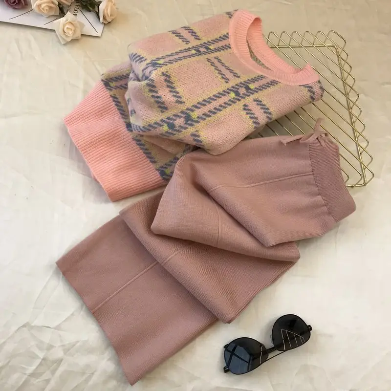 Amolapha Женский вязаный клетчатый пуловер свитера + штаны наборы женский модный