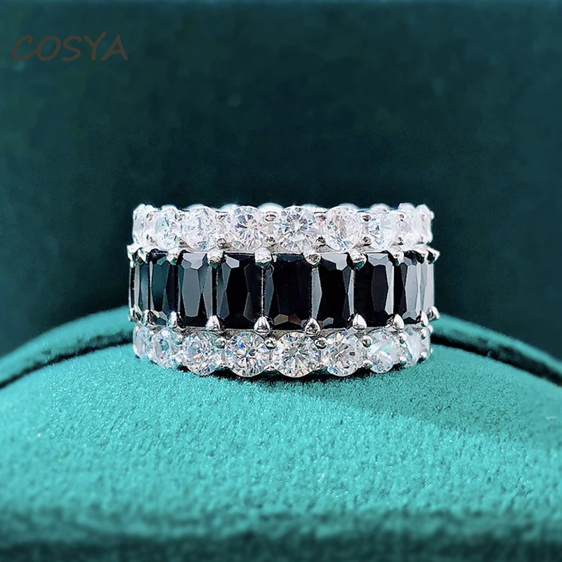 

COSYA 100% 925 Стерлинговое Серебро геометрической формы инкрустированные черный высокоуглеродистая со стразами широкий ряд кольцо модные вече...