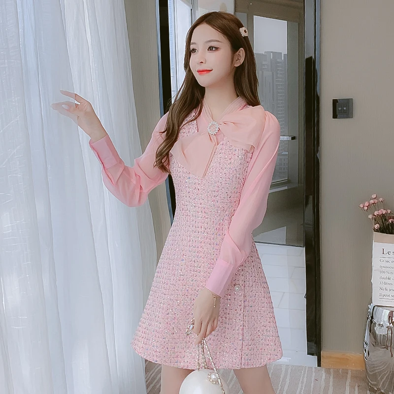 

2021 New Autumn And Winter Tweed Woolen Dresses Women Long Sleeve Bowknot Small Fragrant Wind Style Mosaic Dress Vestidos
