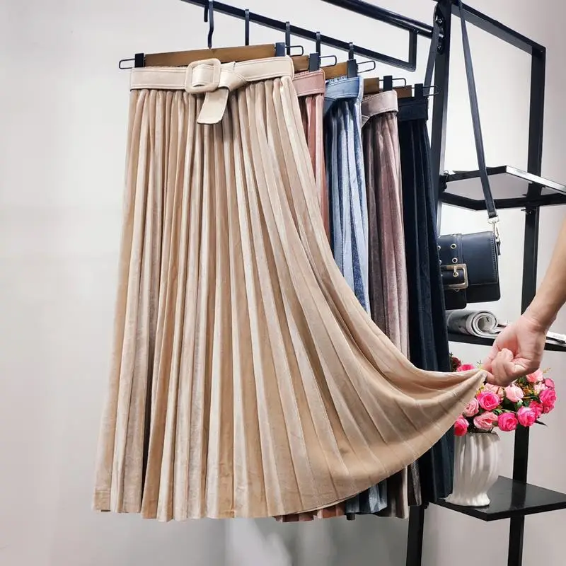 Женская Вельветовая длинная Плиссированная юбка в Корейском стиле облегающая