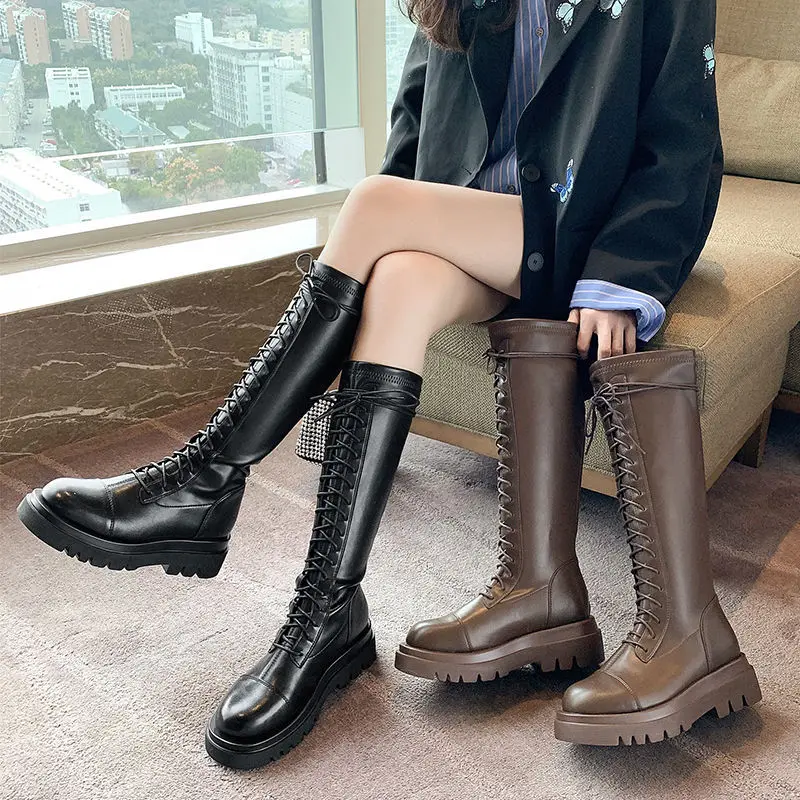 

Женские осенне-зимние сапоги, женская обувь, женские сапоги до колена, обувь на платформе, Каблук 5,5 см, женская обувь на шнуровке в стиле пан...