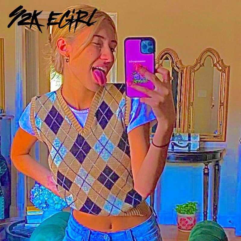 

Y2K EGIRL Aesthetics Argyle Plaid Knitted Brown Tops Vintage School Sleeveless V-neck Sweater Vests Preppy Style Pullover Autumn