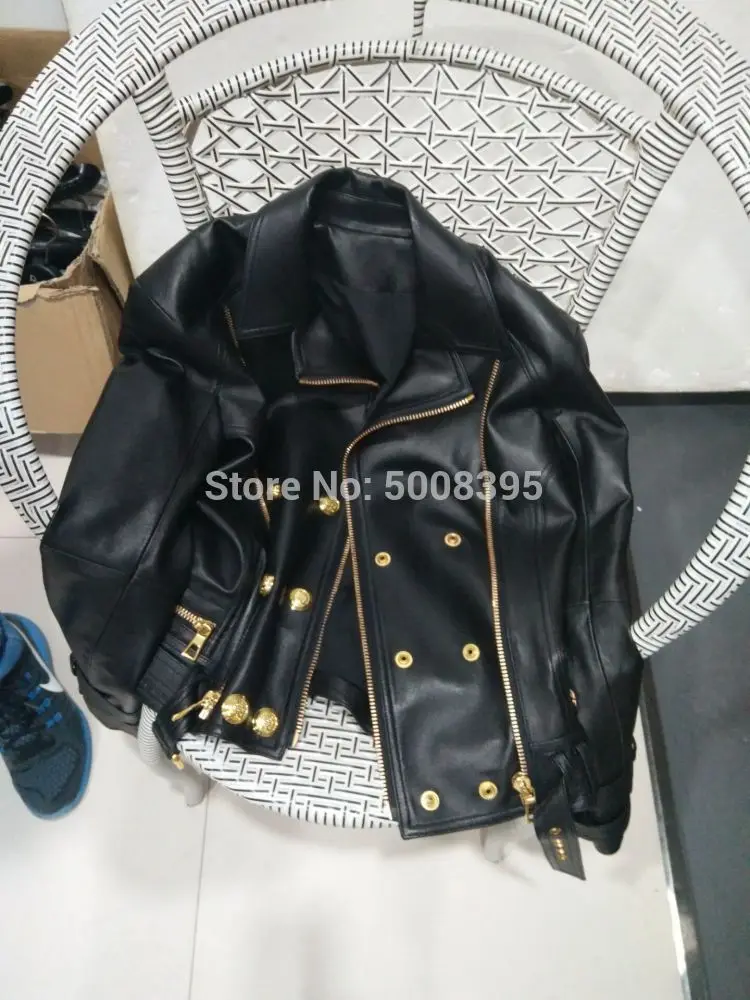 [ElfStyle] -натуральная кожаная женская куртка на молнии золотистая двубортная