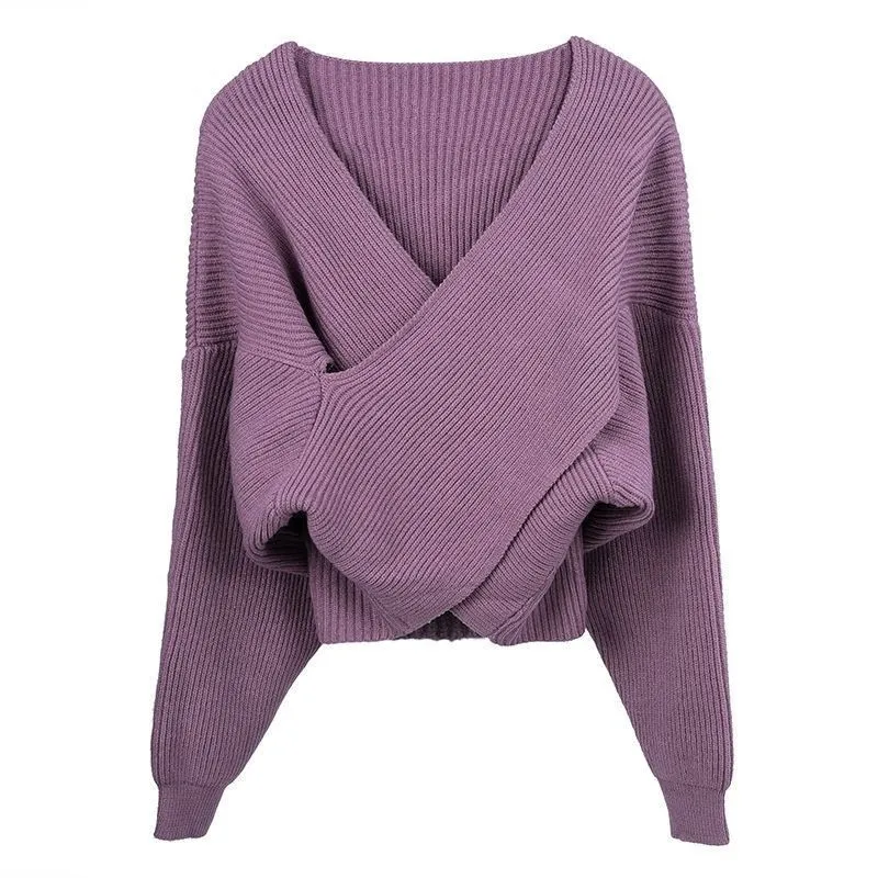 

V neck Cross short sweater women pullovers 2021 autumn winter new retro Pullovers high waist loose knit top vintage sweater