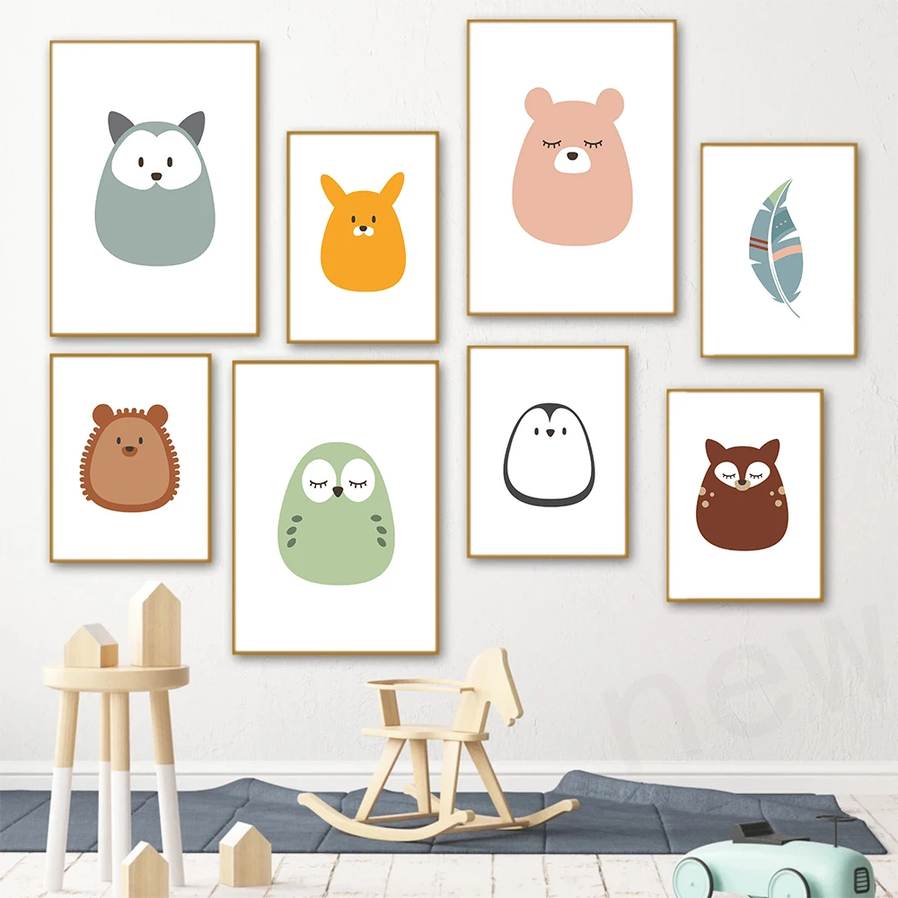 

Baby Nursery Wall Art Canvas Posters Print Cartoon Bunny Deer Hedgehog Owl Bear Painting Nordic Kid Bedroom Decoration Pictures