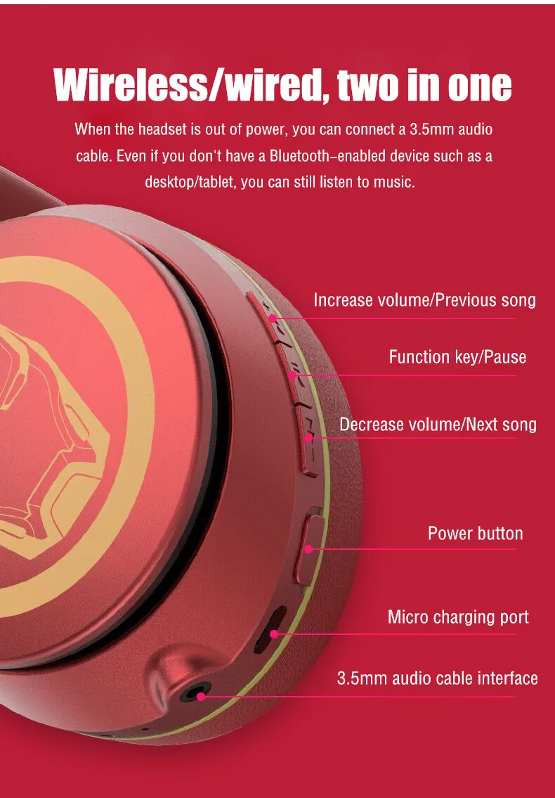 Оригинальные Bluetooth наушники серии Marvel, Мстители, 5,0, Беспроводная складная гарнитура, для бега, Hi-Fi, стерео наушники для ПК, мобильного телефона