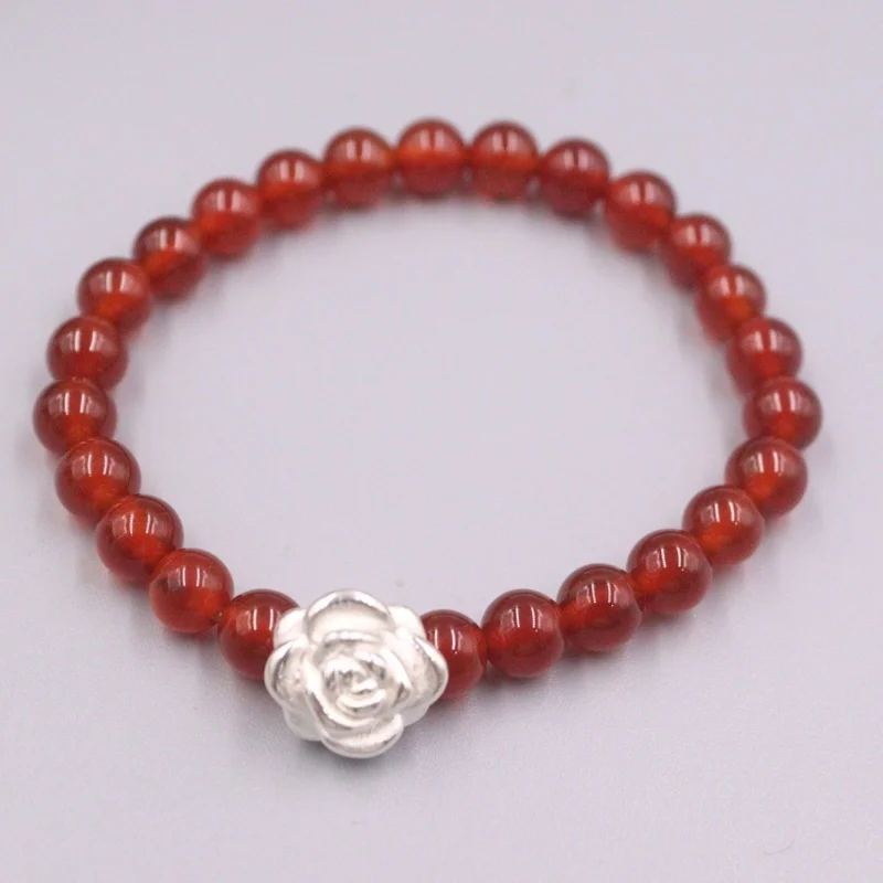

New Pure 999 Fine Silver 12mm Rose Bead with 6mm Red Agate Bracelet for Woman
