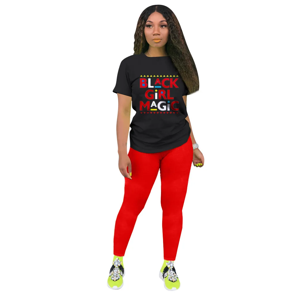 

Solid Color Letter Black Girl Magic Print Short Sleeves T-Shirt & Trousers Summer Women Suit Hot Style Two Piece Set