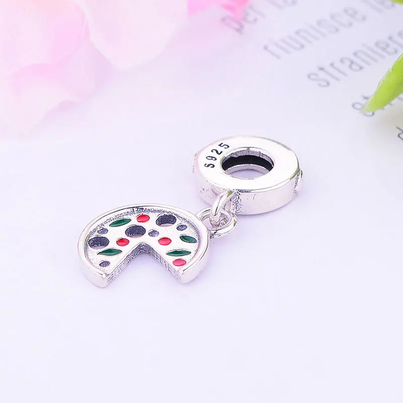 

100% Серебро 925, итальянская пицца, зеленый, красный эмалированный лист, бусина подходит для оригинального браслета-талисмана для изготовлени...