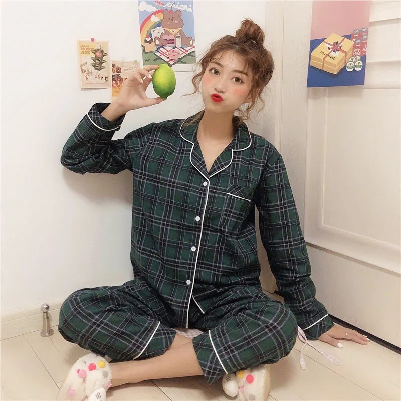 2019 зимние женские пижамные комплекты клетчатые хлопковые пижамы с длинным