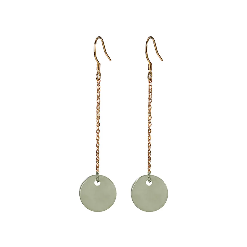 

S925 sterling silver gold-plated Hetian gray jade earrings retro simple peace buckle women's ear hook earrings