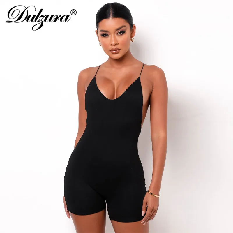 

Dulzura Solid Women Strap Playsuit V Neck Backless Bodycon Skinny Sporty Casual Sexy Streetwear 2021 Summer Clothes Combishort