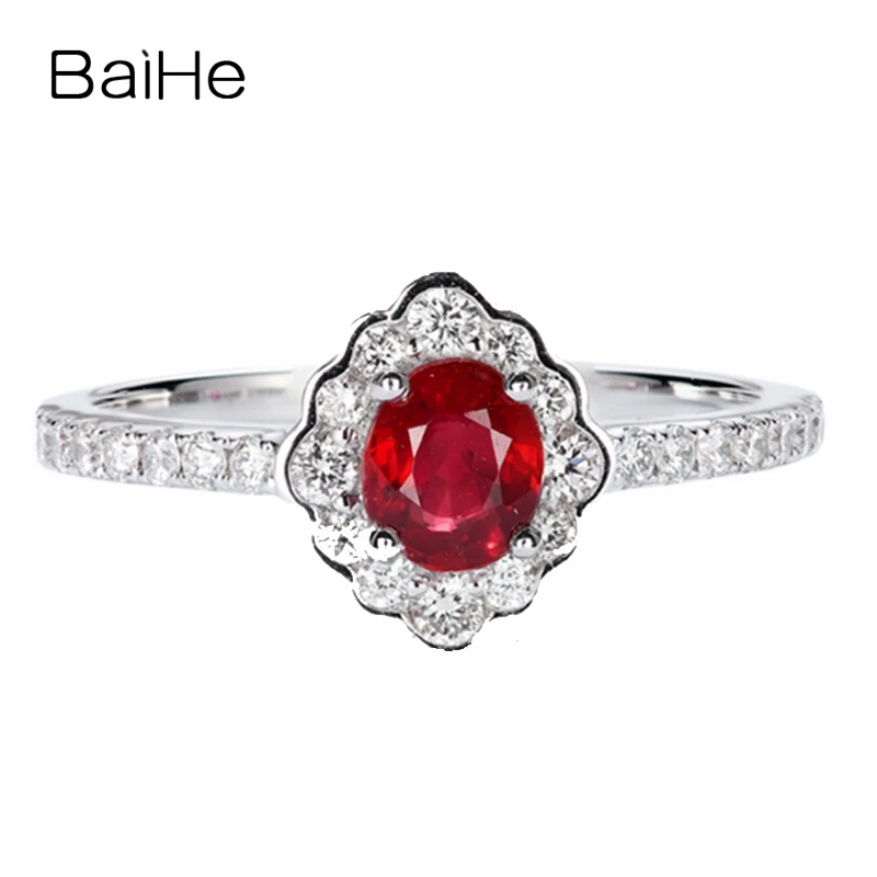 

BAIHE Solid 14K White Gold 0.44ct Natural Ruby Wedding Trendy Women Fine Jewelry Gift Retro Beautiful diamond Ruby Ring