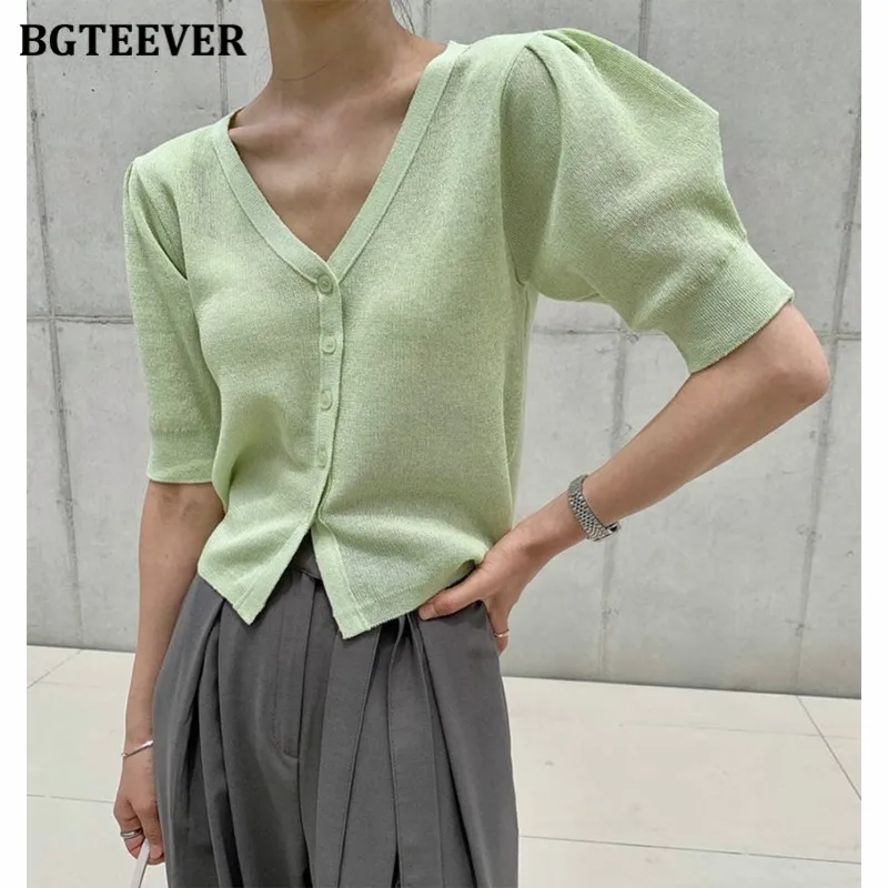 

BGTEEVER Elegant Summer Ladies Knitted Cardigans Tops Short Sleeve Single-breasted Slim Female Open Stitch Sweaters 2021