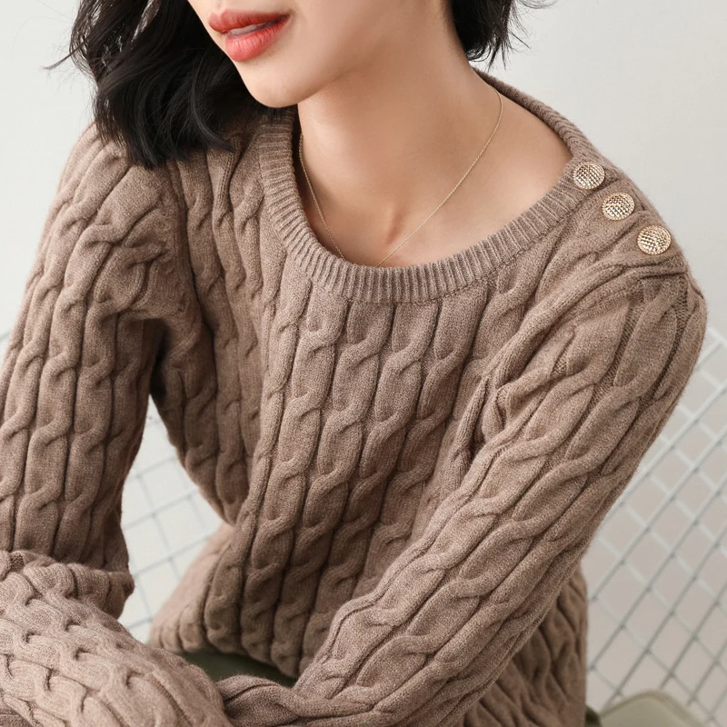 

GCAROL Women Retro Twist Sweater Shoulder Buttons Decoration Loose Short Cashmere Sweater Fall Winter Casual Knitted Top Jumper