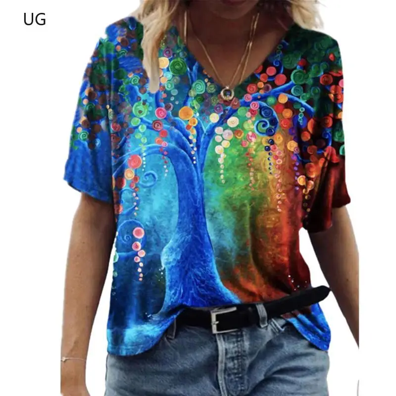 

3D Tree Plant Flowers Print T Shirt Women 2021 New Summer Casual Loose Plus Size Tops Street Ladies Short Sleeve V-Neck Tee Top