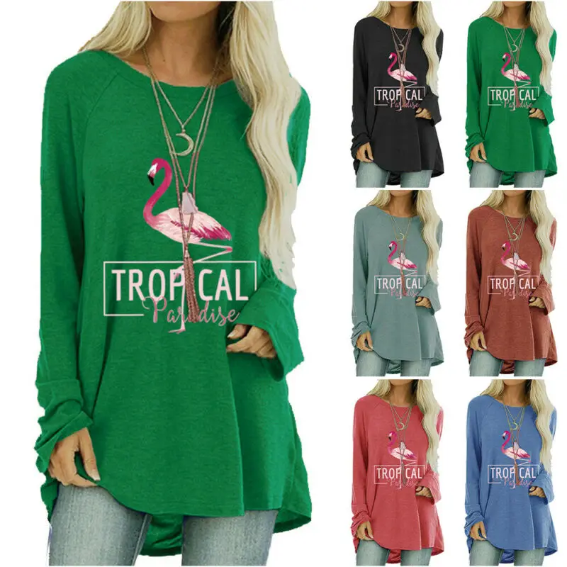 

Women Flamingo Print T-Shirt Long Sleeve Casual Loose Blouse Fall Tee Tunic Tops
