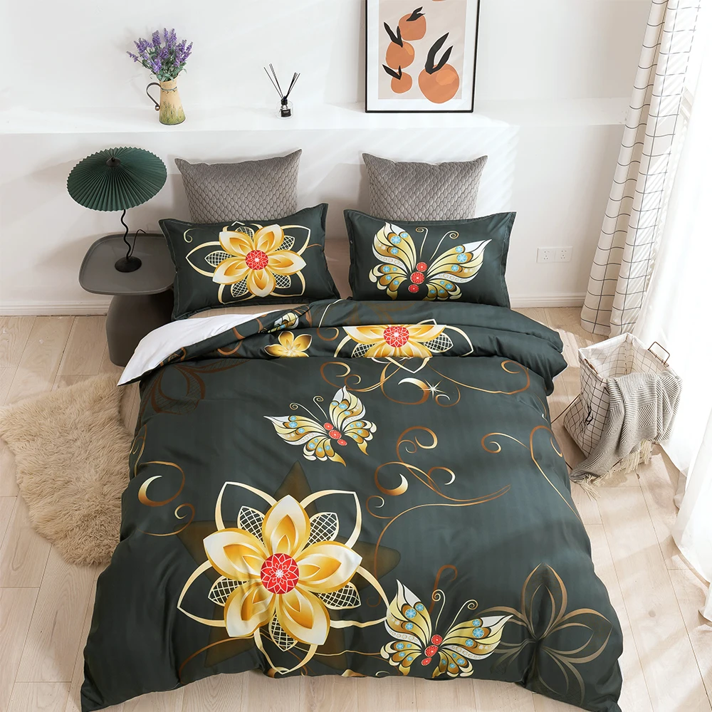 

Black Retro Bed Linen 3d Printing Flowers And Butterflies Bedding Set King Size Luxury Home Textile Duvet Cover Bedclothes