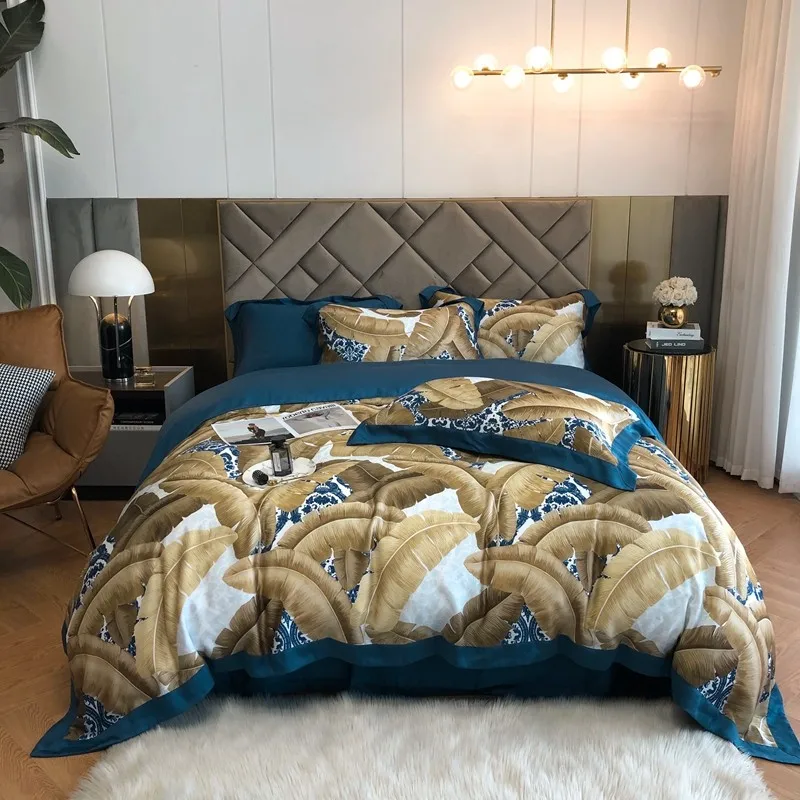 

Комплект постельного белья Lyocell Tencel, с красочными тропическими листьями, пододеяльник в стиле бохо, 1 простыня, 2 Наволочки, охлаждающая шелк...