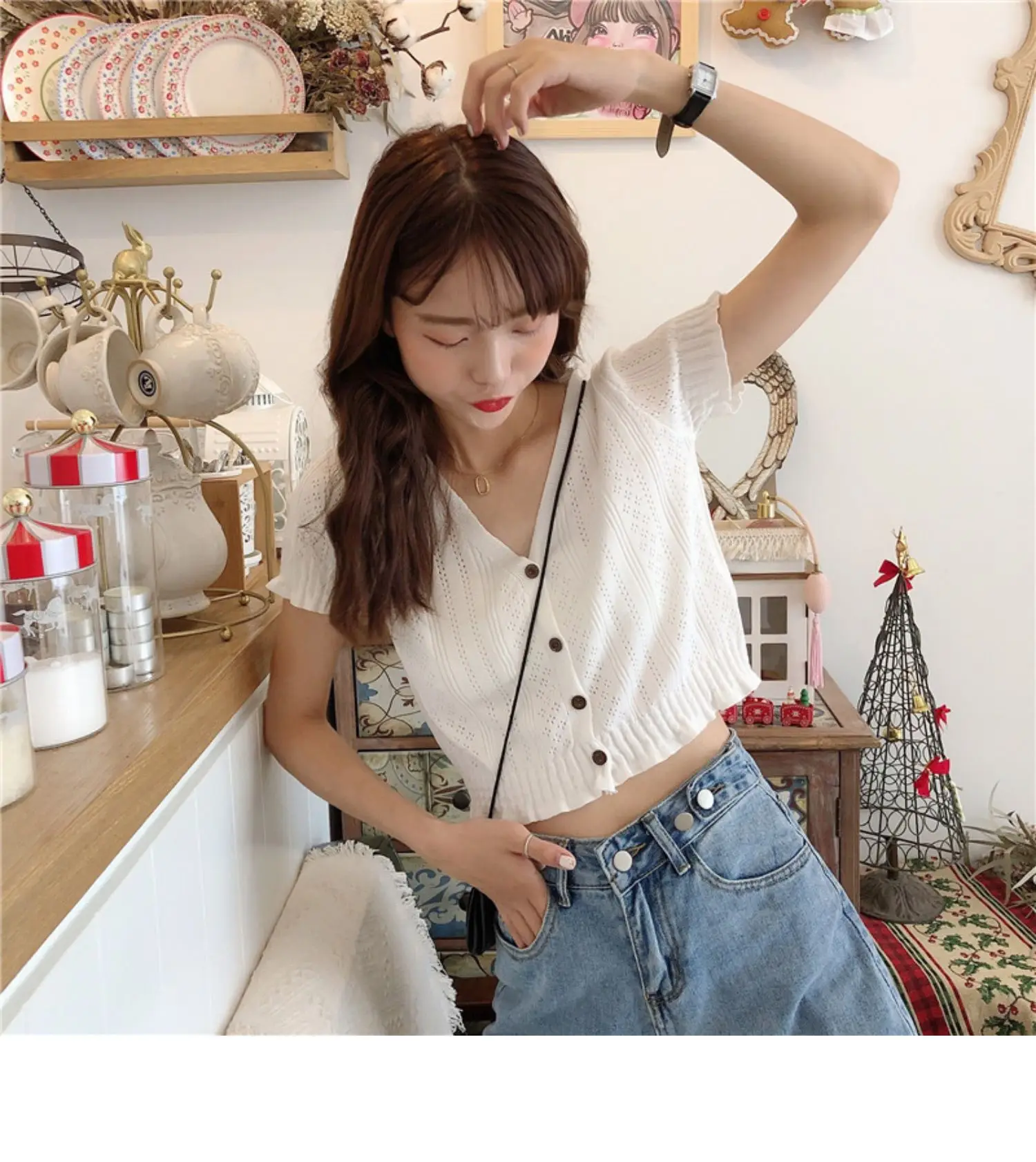 

Zalaing Women's 2021 Hollow Cashmere Sweater Short Sleeve V-neck Women's Cardigan Knitted Pullover Pull Collar Women's Coat