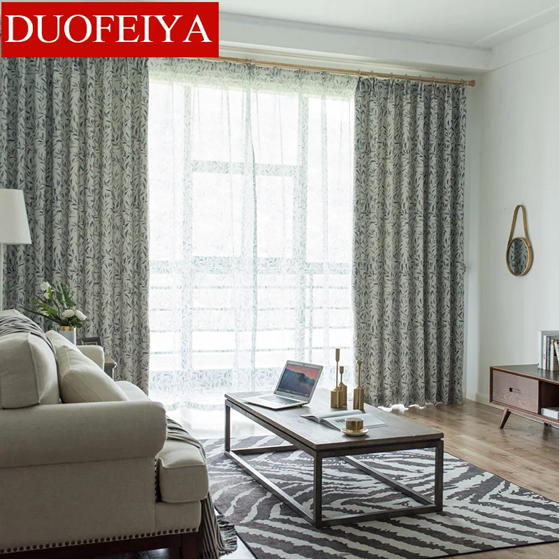 

Polyester Cotton Fabric Window Curtains for Living Room Bedroom Balcony Simple Blue Curtains Tulle