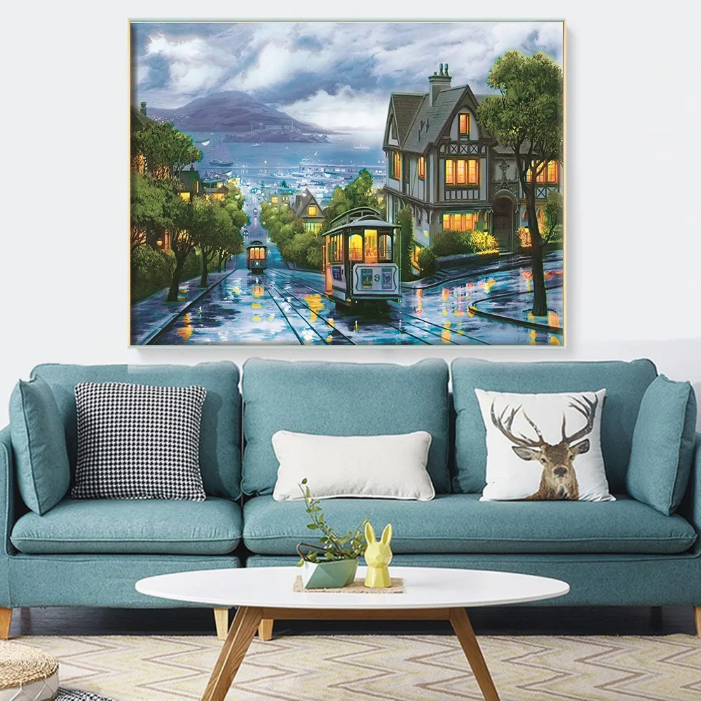 HUACAN Cross Stitch Street Scenery Needlework Sets Embroidery City Landscape Kits White Canvas DIY Home Decor 14CT 40x50cm