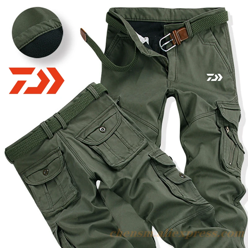 

Daiwa Mens Winter Pants Thick Warm Outdoor Cargo Casual Fleece Pockets Fur Trouser Plus Size 28-40 Fashion Loose Fishing Pants
