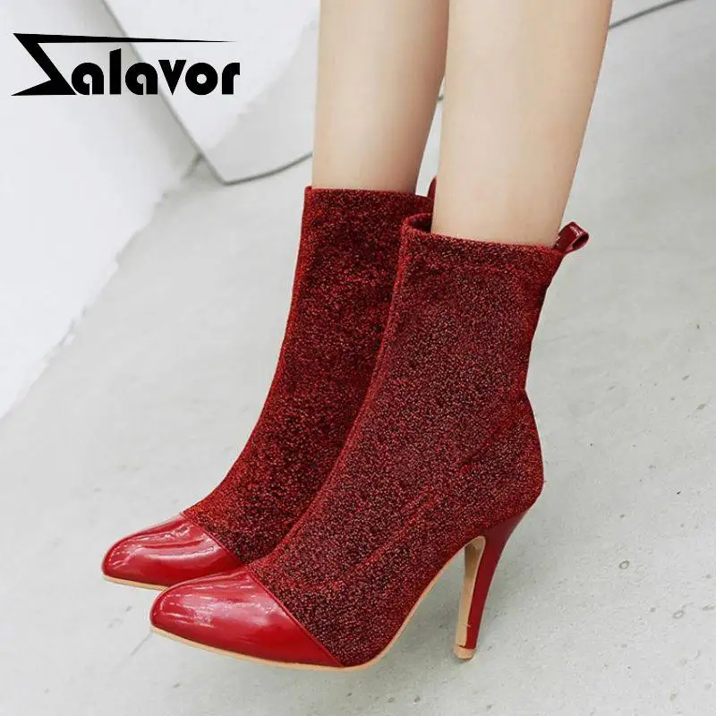 ZALAVOR/пикантные женские ботинки на высоком каблуке размера плюс 32-48 Блестящие