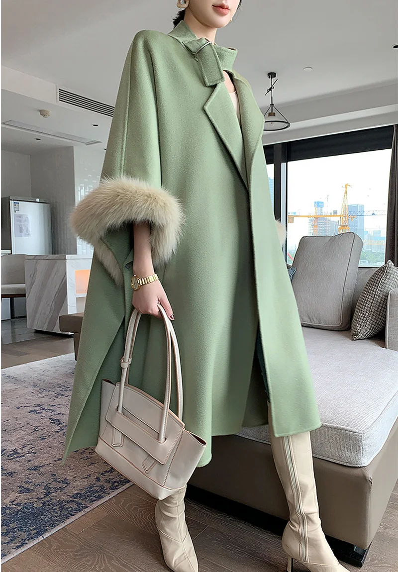 

Women of elegant luxury cashmere wool fox fur coat raglan sleeves three quarters mango chic coat solid winter long jacket