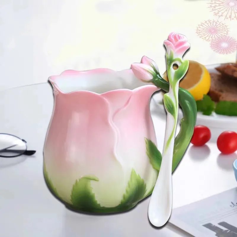 European Style Enamel Ceramic Coffee Mug Creative 3D Rose Flower Shape Teacups Pastoral 4 Colors Breakfast Milk Cups With Spoon | Дом и сад