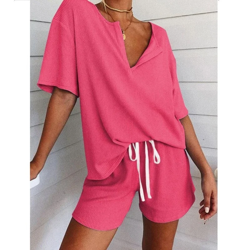 

Women's Temperament Loose V-neck Short Sleeve + Shorts Suit Soild Color Summer Tracksuit Elastic Waist Women 2 Piece Sets