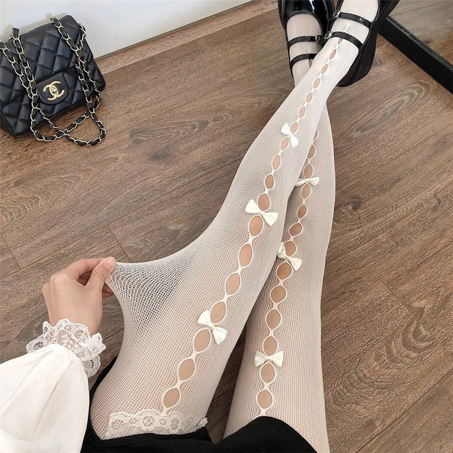 

Женские ажурные колготки с бантом, тонкие кружевные колготки в сетку черного и белого цветов, шелковые чулки, лето-осень 2021