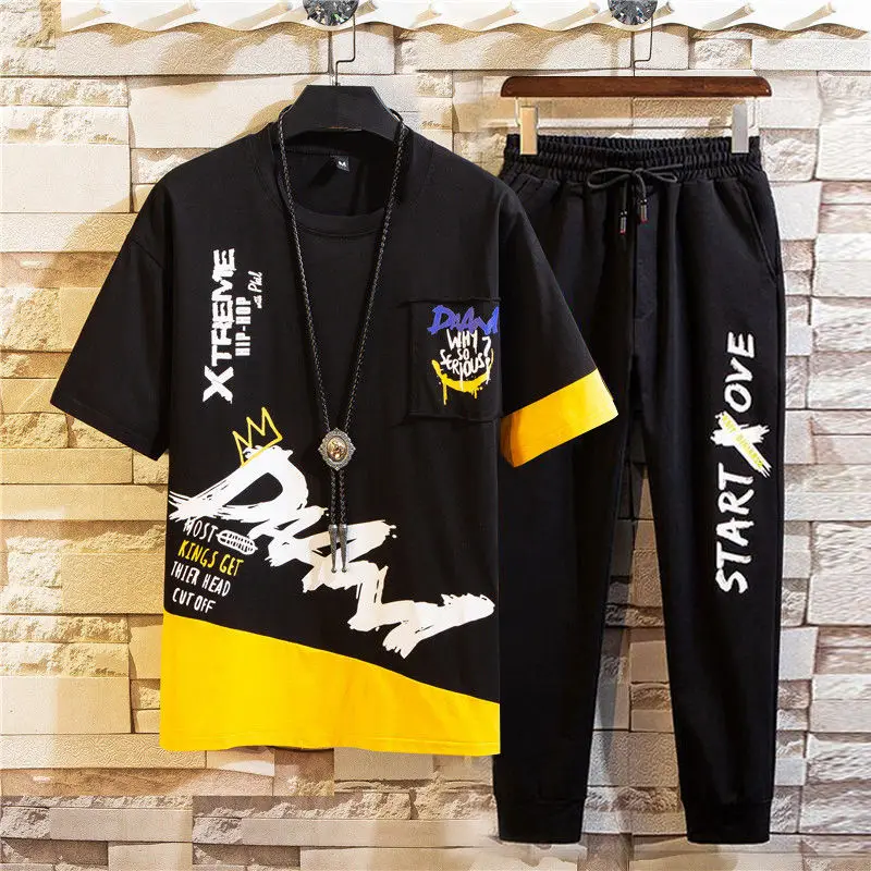 

11 Styles Men's Sets Hip hop Clothes Streetwear Summer Outfit Male T-shirt and Pant Two Pieces Hip-hop Set Casual Plus Size 3XL