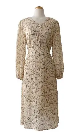 beige Шифоновое платье с цветочным рисунком, длинное, Лидер продаж, женское, корейский, японский стиль, темперамент, леди, v-образный вырез, винтажная Рубашка-Платье на пуговицах, Ретро стиль, 10020 - Цвет: beige