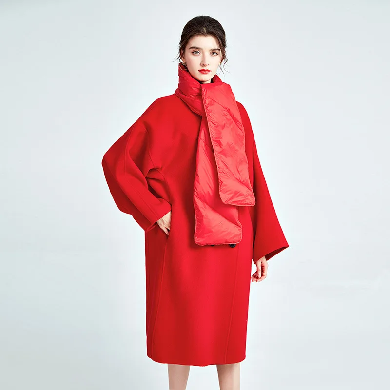 

High-end красный двусторонний кашемировое пальто свободные и тонкие темперамент шарф-воротник Женская куртка осень-зима, шерстяная одежда для ...